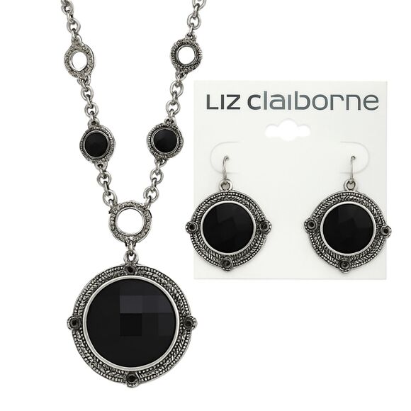 Liz Claiborne Black Faceted Pendant Necklace & Earrings Set Silver Tone NWT - Picture 1 of 3